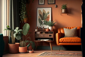 Poster Beautiful retro living room in warm caramel autumn colors, Interior Design Ideas, Home Decoration, generative ai © PostReality Media