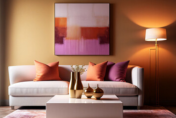 Beautiful living room in warm caramel and purple autumn colors, Interior Design Ideas, Home Decoration, generative ai