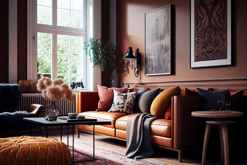 Beautiful living room in warm caramel autumn colors, Interior Design Ideas, Home Decoration, generative ai