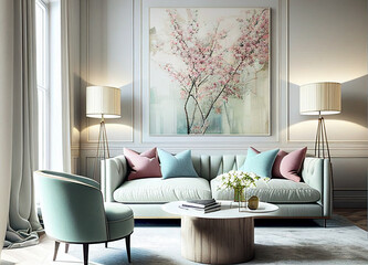 Beautiful colorful living room in spring colours – blue, white, pink – Interior Design Ideas, Home Decoration, generative ai