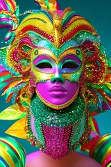 pink mask, super fashion carnival costume, bright, flashy, colorful and bright with lots of details, green background. Generative Ai