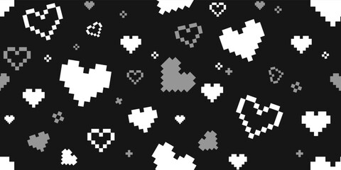 Geek hearts for Valentine's Day seamless pattern. Pixel hearts background in retro video game style. Vector template