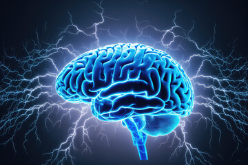 Human brain digital illustration. Electrical activity, flashes and lightning on a blue background. (ai generated)