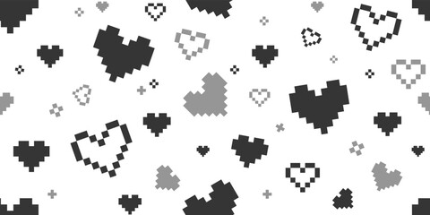 Geek pixel hearts seamless pattern. Pixel Black hearts on white background in retro video game style. Vector template
