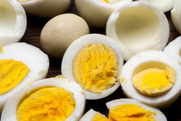 freshly boiled peeled chicken eggs close-up