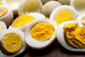 freshly boiled peeled chicken eggs close-up