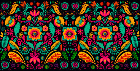 Patron geométrico floral estilo mexicano, colores brillantes - obrazy, fototapety, plakaty