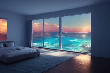 Blue Toned Ocean Luxury Bedroom Interior with Pink Sunset Made with Generative AI