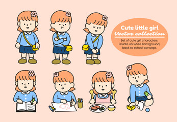 Set of cute girl characters. isolate on white background, back to school concept.
