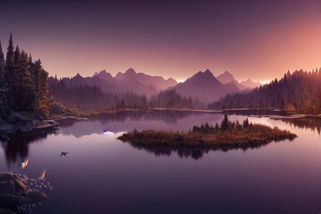 Fototapeta premium Morning View in the Mountain with lake. Genarative AI