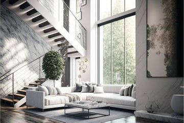 The elegant and modern loft apartment boasts a chic white theme in the main living area, with plenty of open space and large windows.