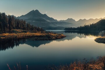 Fototapeta na wymiar Morning View in the Mountain with lake. Genarative AI