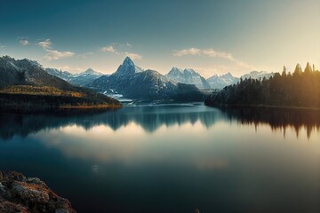 Obraz premium Morning View in the Mountain with lake. Genarative AI