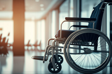 Fototapeta premium wheel chair in the hospital, public healthcare concept. Generative AI