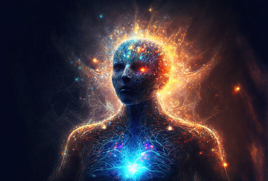 Universal consciousness, cosmic entity connected to our souls, we are all one. Concept. Mystic. Spirituality, esoteric. Illustration, generative AI.