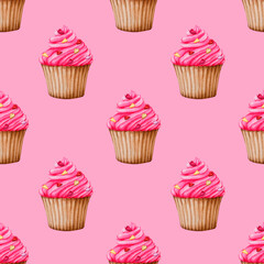 Seamless patern with cupcakes on a pink background. Watercolor design for Valentine's Day, Birthday, Wedding, Anniversary. Ideal for printing on packaging, wrapping, stationery, fabrics, textiles..