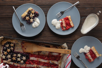 Traditional American Independence Day or Labor Day Strawberry Pie in the Shape of a Flag, Top View