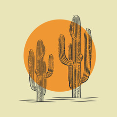 Cactus illustration wild west desert vintage design. Cacti plant with sun logo vector line art minimalist symbol - 564710998