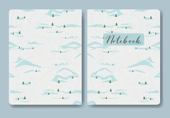 Notebook cover with winter snowy hills landscape illustration. Vector art print.