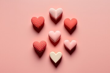Fototapeta premium Einheitlich Herzen auf pastellrosa Hintergrund, romantischer Papierschnitt, Generative AI 