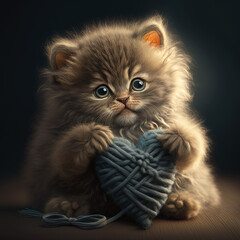 Cute fluffy kitten hugging red heart. Valentine's Day greetings from romantic cat holding heart. Generative AI.