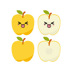 Naughty yellow apple with kawaii emoji. Flat design vector illustration of yellow apple on white background