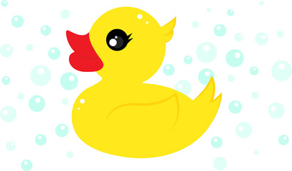 A rubber yellow duck in soap bubbles. Vector illustration