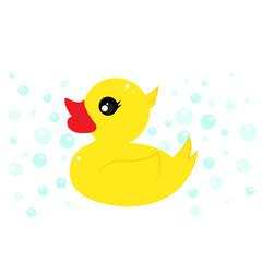 A rubber yellow duck in soap bubbles. Vector illustration
