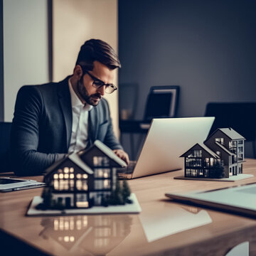real estate, home development, and property management. A businessman is using a laptop while working with building models on a table in his office ai generated. 