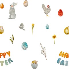 Happy Easter title rabbit egg watercolor pattern