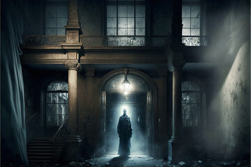 Ghost hunting. Paranormal activity. The investigation of alleged paranormal activity in buildings or other locations. AI generative