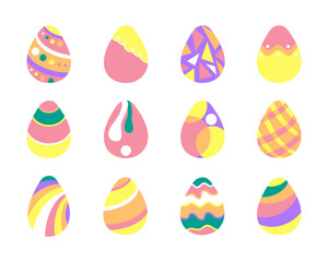 Geometric Easter eggs collection vector illustration isolated on white. Painted colorful eggs. 12 holiday clip art elements in bright retro style