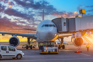 Airplane execute push back operation at airport. Aircraft service for flights before departure in...