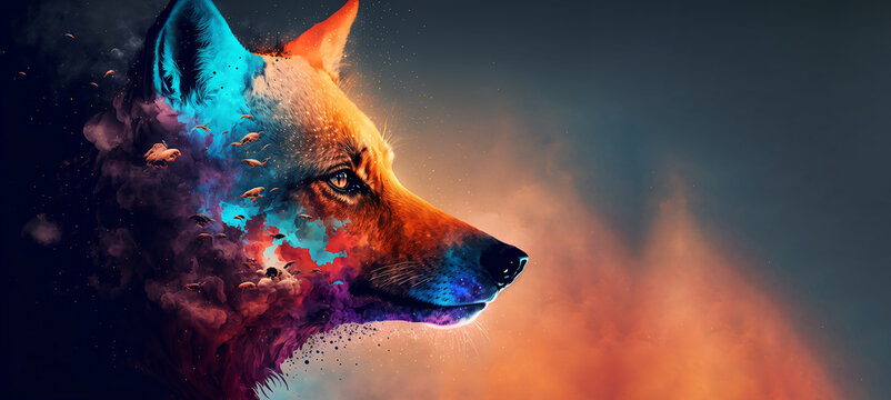 Abstract animal Fox portrait with colorful double exposure paint. Generative AI.