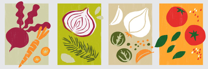 Vegetables paper-cut elements for social media, postcards, and print. Hand-drawn turnip, carrot, onion, rosemary, brussels sprouts, garlic