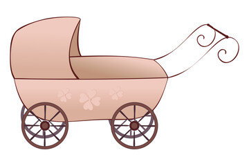 Baby vintage carriage decorated with decorative flowers, for transporting small children, drawn in vintage sketch style