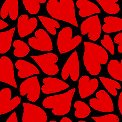 Fototapeta na wymiar Small red ink hearts isolated on black background. Cute monochrome seamless pattern. Vector simple flat graphic hand drawn illustration. Texture.