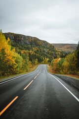 Empy road with landscape view in autumn Norway on a moody day