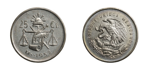 Mexico twenty five centavos coin on a white isolated background