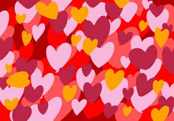 A hand-drawn wallpaper, background completely filled with colourful hearts. They’re layered on top of each other and different sizes. For Valentine day on valentines card.
