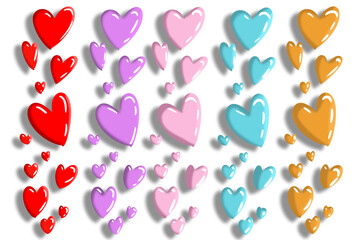 A hand-drawn wallpaper  of five rows of colourful hearts of different sizes. Red, purple, pink, blue and orange. On a white background, isolated. For Valentine day, on valentines card. Love, lovers.