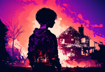 Silhouette of boy against background of burning house, fire, war. Vintage-style image, purple tone..