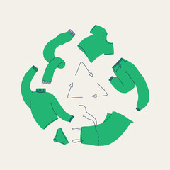 Recycling of clothes, textiles. Various wear - men's and women's are circling around the recycling icon. Vector illustration of the concept of conscious consumption, reuse and donation.