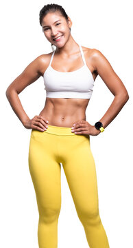 Portrait of Asian happiness sport woman model posing with confidence and smiling while looking at the camera, image transparency. Healthy girl showing her slim body with tan skin.
