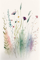 Watercolor wildflowers minilalistic illustration. Botanical art print. Ai generated