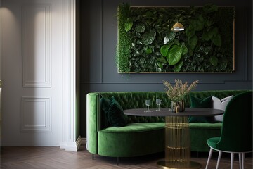 Dining room interior with a green wall and a living room with a green sofa