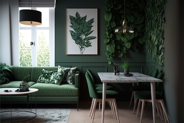Dining room interior with a green wall and a living room with a green sofa