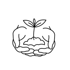 Hands with sprout. Agriculture sprout in hand. Growth of plants. Sketch hand drawn. Vector line. Editable outline stroke.