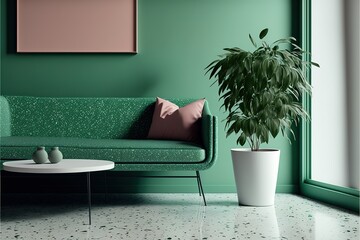 White terrazzo flooring, a green wall, and a green couch with table