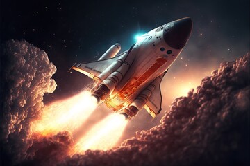 Rocket takes off in the starry sky. Spaceship begins the mission. Space shuttle taking off on a mission